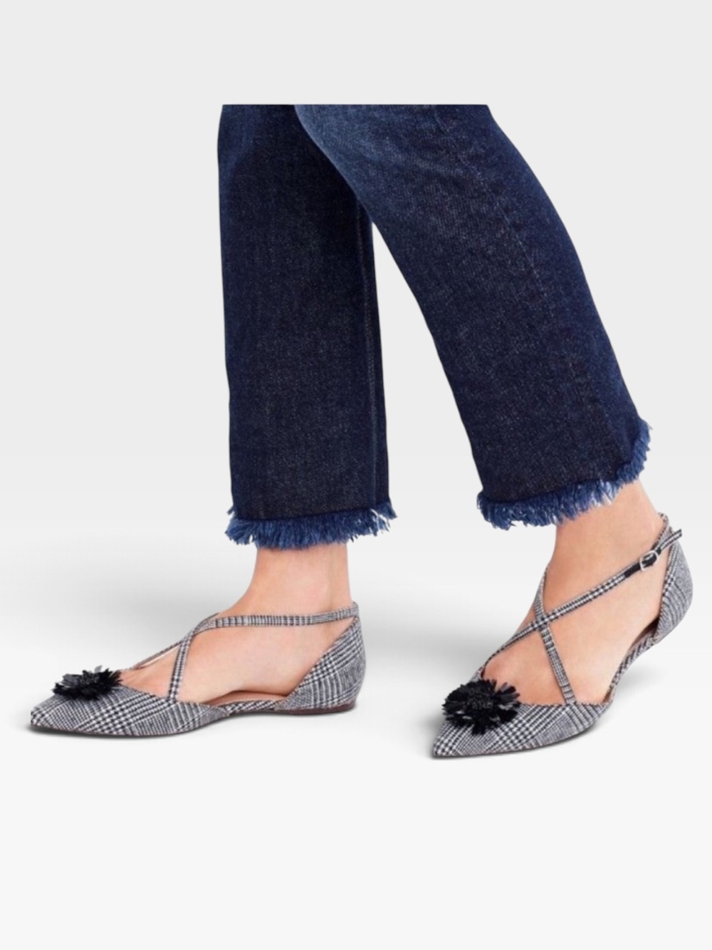J.Crew Sadie Houndstooth Cross Strap Pointed Toe Flats Size 6.5